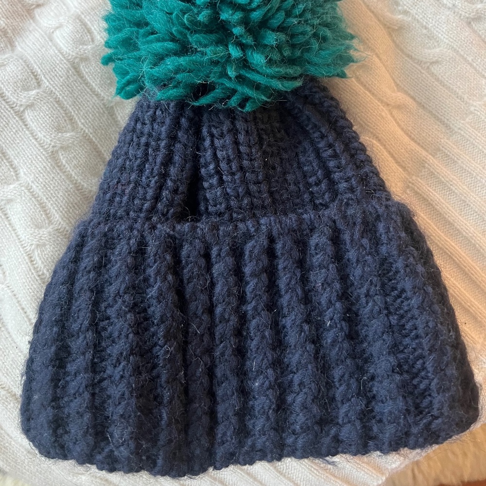Sandro - Blue wool winter beanie hat with green Pom Pom